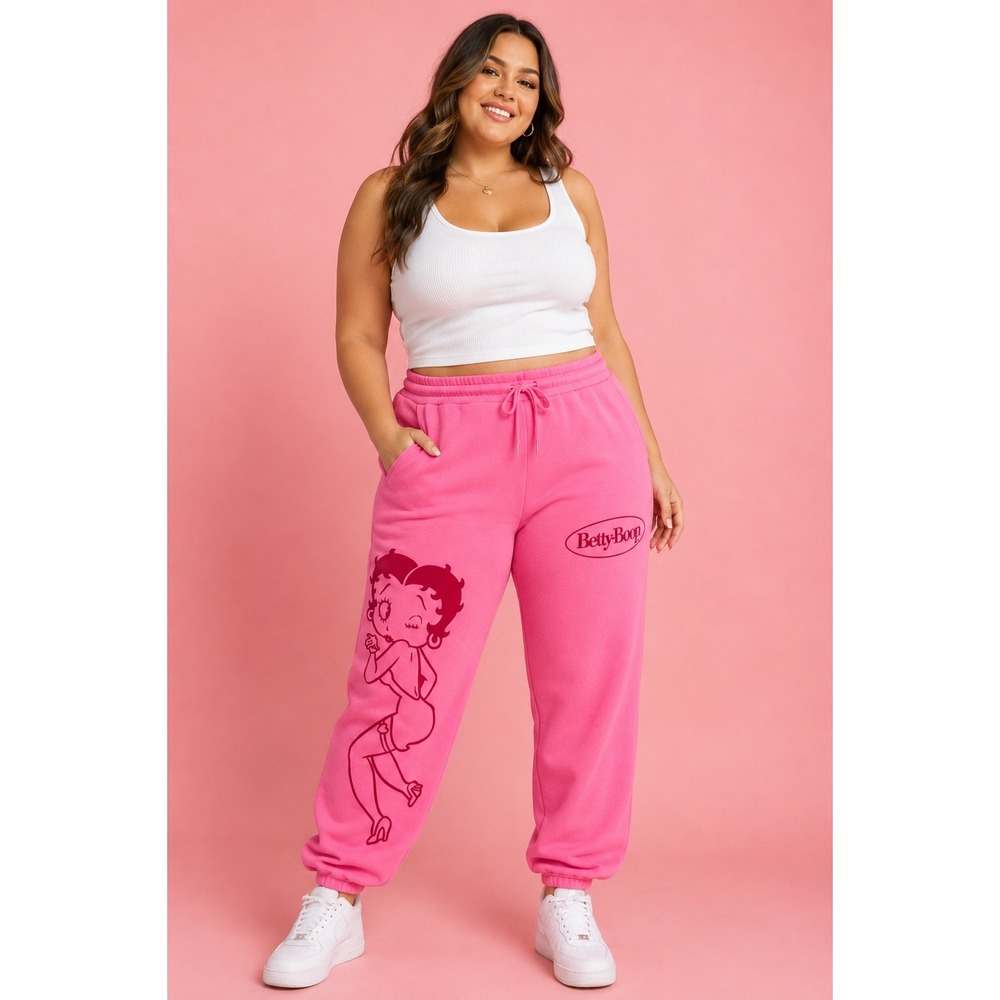 Betty Boop Sweatpants Womens XXL Pink Graphic Fleece Joggers Lounge Pants